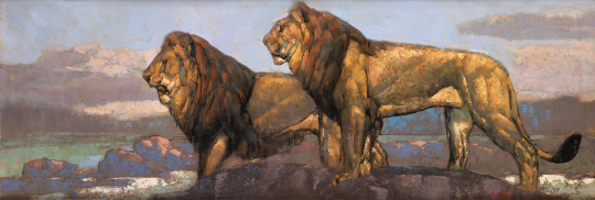 Paul JOUVE (1878-1973) - Deux lions scutant l'horizon. Vers1925.